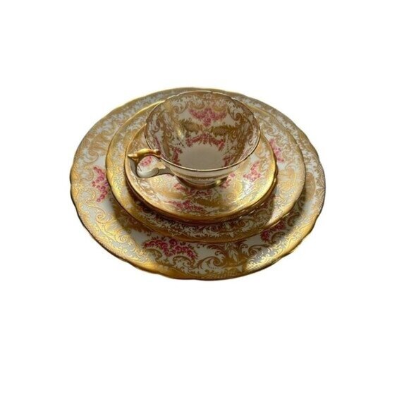 John Ansley Bone China 7986 00 Place Setting Gold Leaf Ornate Pink Vtg - Picture 7 of 16